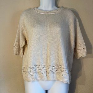 Hand Crafted Pointelle Knit Short Sleeve Sweater Cream Crew Neck